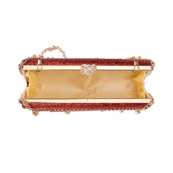 Red Sparkling Clutch Bag, Pearl Station Bracelet and Necklace - Picture 5 of 7